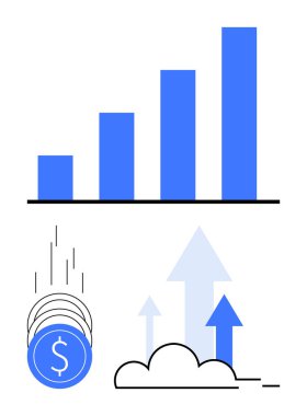 Artan mavi çubuklu bar çizelgesi, dolar işareti sembollü bozuk paralar, yukarı doğru oklu bulutlar. Ticari büyüme, finans, yatırım, gelir artışı, ekonomik eğilimler, başarı dijital