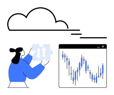 Borsa grafiği ve bulut simgesinin yanında iki yönlü okları olan bir yapboz parçası tutan kadın. Veri entegrasyonu, hisse senedi analizi, bulut hesaplaması, iş çözümleri, takım çalışması, stratejik