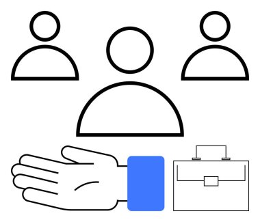Üç kişilik ikonlar, uzatan bir el ve bir evrak çantası. Takım çalışması, iş, müzakere, ortaklık, insan kaynakları ağı ve iletişim temaları için ideal. Satır metaforu