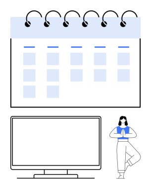İş kadını, bir masaüstü bilgisayar ekranı ve takvimin yanında yoga yapıyor. Sağlık, zaman yönetimi, iş hayatı dengesi, verimlilik, uzaktan çalışma, akıl sağlığı, farkındalık için idealdir. Çizgi