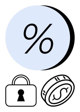 Üstteki mavi dairenin içindeki yüzde işareti, güvenliği ve dolar işaretli parayı kilitle. Finans, bankacılık, yatırımlar, güvenlik, tasarruf kredileri ve ekonomik eğitim için ideal. Çizgi