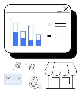 Bar çizelgesi analiz penceresi, kredi kartı, bozuk para ve mağaza önü. Ticari yönetim, finansal analiz, perakende satış, küçük işletme e-ticaret girişimi ve ekonomik planlama için ideal. Çizgi