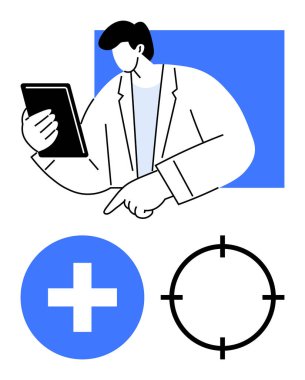 Tablet tutan kişi, mavi tıbbi haçı ve siyah hedef simgeleri gösteriyor. Sağlık, teknoloji, kesinlik, tıbbi araştırma, tanı, tele sağlık sanal konsültasyonları için idealdir. Çizgi