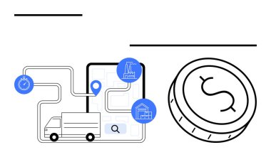 Teslimat kamyonu haritadaki yerini ve arama ikonlarını takip ederek çeşitli sanayi bölgelerini birbirine bağlıyor. Madeni para maddi durumu temsil ediyor. Lojistik, ulaşım ve tedarik için ideal
