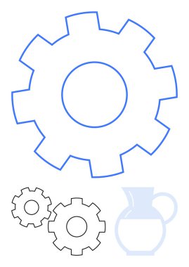 Bir sürahi ile büyük ve küçük vitesler. Mühendislik, mekanik, tasarım, imalat, otomasyon makineleri veya teknik eğitim kavramları için idealdir. Çizgi benzetmesi. Çizgi benzetmesi. Basit satır simgeleri