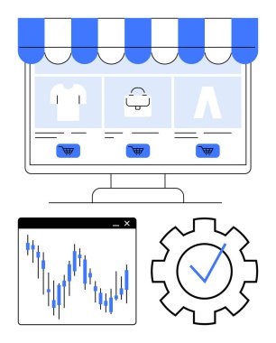 Giysilerle, aksesuarlarla çevrimiçi mağaza arayüzü ve bir monitörde ilave-sepet düğmeleri. Satış grafikleri ve dişli simgesi işaretli. E-ticaret, çevrimiçi alışveriş, ürün yönetimi için ideal