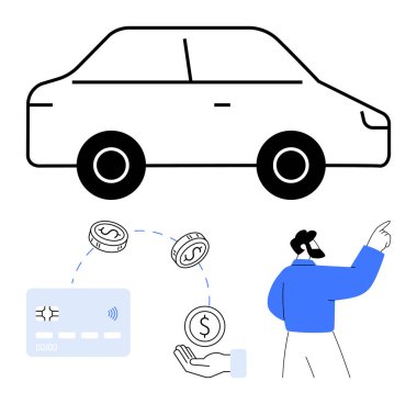 Arabayı işaret eden adam, bozuk paralar, bozuk paralarla el ve araba satın almaktan tasarruf ettiğini gösteren kredi kartı. Otomotiv finansmanı, kredi hizmetleri, bütçe, tüketici tasarrufu, araba kredileri için ideal