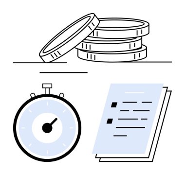 Kronometre para ve belge yığını. Finansal planlama, zaman yönetimi, mühlet takibi, verimlilik, bütçe belirleme, verimlilik, hedef belirleme için ideal. Satır metaforu