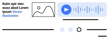 Play button with sound waves, graph with a peak, and text placeholders. Ideal for web interfaces, landing pages, audio interaction, data representation, modern UI, minimal design, and user clipart