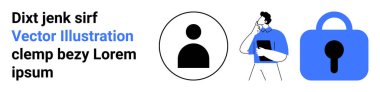 Üç temel element kullanıcı profili simgesi, düşünen kişi bir pano tutuyor ve güvenlik kilidi dijital kimlik yönetimini simgeliyor. Kullanıcı erişimi için ideal, güvenlik protokolleri, teknolojik çözümler