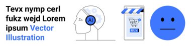 Profil görünümlü yapay zeka, atölye arabalı akıllı telefon ve satın alma düğmesi, basit mavi yüz ifadesi. Teknoloji makaleleri, mobil ticaret, yapay zeka eğitimi, çevrimiçi alışveriş, sosyal medya, dijital