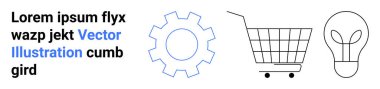 Dişliler, alışveriş arabası, ve metnin yanında basit ana hatlı ampul. Teknoloji, e-ticaret, yenilik, girişim, ürün geliştirme, online alışveriş, iş stratejisi için ideal. İniş afişi