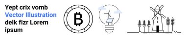 Bitcoin sembolü, güneş paneli ve rüzgar türbinli ampul, geleneksel yel değirmeni ve ekinler. Kripto para birimi, yenilenebilir enerji, yeşil teknoloji, tarım, finans, sürdürülebilirlik için ideal