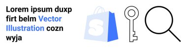 Alışveriş torbası, anahtar ve büyüteç, içinde metin olan basit bir tasarım. E-ticaret, online alışveriş, güvenlik, arama optimizasyonu ve vektör grafikleri için ideal. İniş sayfası