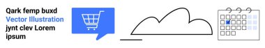 Mavi konuşma baloncuğunun içindeki alışveriş arabası, basit siyah bulut çizgisi, ve işaretli takvim. E-ticaret, planlama, planlama, çevrimiçi alışveriş, bulut depolama, iş organizasyonu için ideal