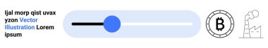 Mavi düğmeli yatay kaydırıcı, çemberdeki Bitcoin sembolü ve bacalı fabrika simgesinin birleşimi. Metin elementleri mavi ve siyah. Teknoloji, kripto para birimi ve kullanıcı arayüzü için ideal