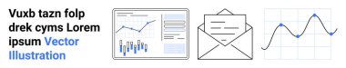 Çubuklu ve çizgi grafikli dijital çizelge, bir e-posta zarfı ve bir çizgi grafiği. İş analizleri, veri sunumu, iletişim, e-posta pazarlama, raporlar, dijital pazarlama, istatistik için ideal