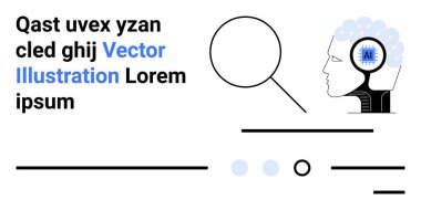 Yapay zeka beynine sahip insan kafası, büyüteç, soyut çizgiler ve metin. Teknoloji için ideal, yapay zeka, yenilik, araştırma, veri analizi, gelecek, bilim iniş sayfası