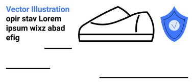 Üzerinde işaret, metin elemanları ve satırlar olan mavi bir kalkanın yanındaki ayakkabının taslağı. E-ticaret, ürün güvenliği, markalaşma, pazarlama, reklam, web tasarımı, DIY grafik tasarımı için ideal. İniş
