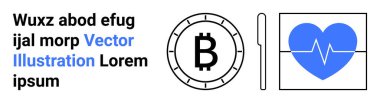 Dairesel çerçevede Bitcoin sembolü, EKG çizgisi, dikey çizgi sembolü ve metin elemanları olan bir kalp. Dijital para birimi, sağlık izleme, tıbbi teknoloji ve finansal sağlık için ideal