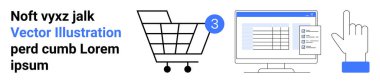 Öge sayısı olan alışveriş arabası, çevrimiçi arayüz gösteren bilgisayar ekranı ve işaret eden bir el imleci. Çevrimiçi alışveriş, e-ticaret web siteleri, dijital pazarlama, kullanıcı arayüzü tasarımı için ideal