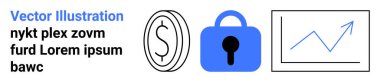 Dolar sembolü, mavi kilit ve yükselen grafik. Finans, güvenlik, yatırım, iş büyümesi, ekonomik analiz, web pankartları için ideal. İniş sayfası için pankart