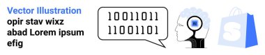 Dijital bir beyin, ikili kod ve bir alışveriş çantası gösteriyor. Yapay zeka, teknoloji, dijital pazarlama, programlama ve e-ticaret temaları için ideal. İniş sayfası