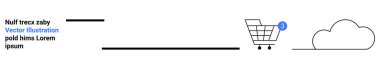 Tebligat kartlı alışveriş arabası, bulut simgesi, metin tutucu. E-ticaret, bilgilendirme sistemleri, bulut hizmetleri, SEO optimizasyonu, iniş sayfaları, web geliştirme, kullanıcı arayüzü için ideal