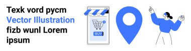 Alışveriş arabalı akıllı telefon, büyük mavi harita iğnesi ve yukarıdaki elementleri gösteren kadın. E-ticaret, perakende, navigasyon, teknoloji, çevrimiçi hizmetler, dijital pazarlama ve uygulama için ideal