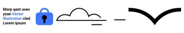 Güvenlik için mavi kilit, depolama için kara bulut bağlantı çizgileri ve vektör grafiğinde işaretleme işareti. Teknoloji, güvenlik, veri koruması, bulut hesaplaması ve bağlantı için ideal