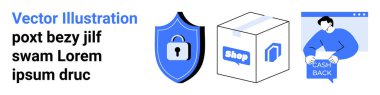 Kilitli bir siber güvenlik kalkanı, içinde Shop mesajı olan bir alışveriş kutusu ve tarayıcı penceresinde Cash Back işareti olan biri. E-ticaret için ideal, çevrimiçi alışveriş, siber güvenlik, promosyonlar, dijital