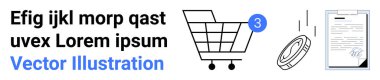 İçinde üç tebligat olan alışveriş arabası, bozuk para ve dokümanlı pano. E-ticaret, çevrimiçi alışveriş, tebligatlar, mali işlemler, iş, muhasebe, dijital pazarlama için ideal