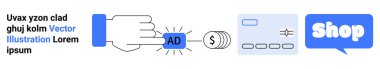 Ortasında dolar işareti olan bir reklam düğmesine tıklamak, ardından bir kart işlemi ve alışveriş ikonu. E-ticaret, dijital pazarlama, online alışveriş, iş, reklam için ideal. Pankart