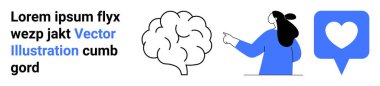 Beyin grafiği, işaret eden kişi ve yanında kalp ikonu olan konuşma balonu. Ruh sağlığı, iletişim, eğitim, sosyal medya, teknoloji, sunumlar, web siteleri için ideal