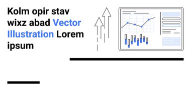 Grafikler, grafikler ve yukarı doğru oklar içeren veri analizi paneli, büyüme ve ilerleme olduğunu gösteriyor. İş analizleri, veri görselleştirmesi, performans ölçümleri, finansal içgörüler, pazar için ideal