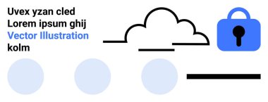Veri güvenliğini temsil eden soyut bulut ve asma kilit tasarımı. Metin, bulut, kilit ve çeşitli grafik öğeler. Siber güvenlik, veri gizliliği, teknoloji hizmetleri, çevrimiçi güvenlik, web uygulamaları, dijital için ideal