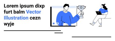 Mavi ve beyaz temalı, ekranda kupa tutan bir adam ve dizüstü bilgisayar kullanan bir kadın. Çevrimiçi başarı, takım çalışması, pazarlama, dijital başarılar, işbirlikçi çalışma, web tasarımı için ideal