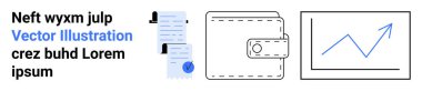 Dijital belgeler, cüzdan ve artan grafik finansal büyüme ve verimliliği vurguluyor. İş sunumları, finansal hizmetler, fintech çözümleri, bütçe planlaması, kişisel finans uygulamaları için ideal