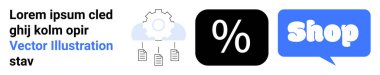 Bulut simgeli bir vites, yüzde sembollü bir siyah kare ve mavi metinli bir konuşma balonu. Çevrimiçi alışveriş için ideal, indirimli teklifler, eCommerce, teknoloji, pazarlama kampanyaları. Pankart