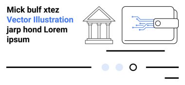 Sütunlu bina, devre çizgileri olan dijital cüzdan ve soyut tasarım elemanları. Fintech, dijital ödemeler, bankacılık, finans, teknoloji, modern işlemler, online bankacılık için ideal. İniş