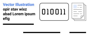 Dikdörtgenin içindeki ikili kod, mavi köşeli dokümanlar ve yer tutucu metin. Teknoloji sunumları, kodlama dersleri, iş raporları, veri analizi, eğitim içeriği, web için ideal