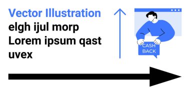 Cash Back konuşma balonunu tutan kişi, yukarı doğru ok, siyah yatay ok, metin elementleri. Finans, pazarlama, ecommerce, reklamlar, sunumlar, bilgi grafikleri, web siteleri için ideal