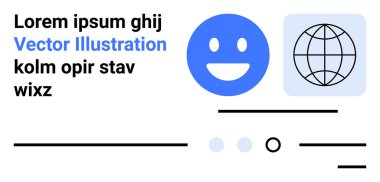 Siyah ve mavi renkli cesur metin ve satırları olan mutlu yüz ve dünya simgeleri. Web tasarımı, kullanıcı arayüzü, markalaşma, modern temalar, minimalist tasarım, sosyal medya, profesyonel kullanım için ideal. İniş sayfası