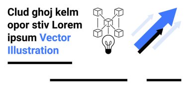 Ampul, yukarı doğru oklar ve birbirine bağlı küpler yenilik, büyüme ve bağlantıyı sembolize ediyor. Teknoloji, iş, girişimler, ilerleme, fikirler, ağ oluşturma ve strateji iniş sayfası için ideal