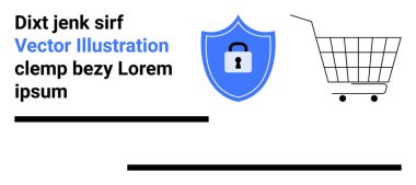 Bir alışveriş arabası ve asma kilitli mavi bir kalkan gösteriyor. Çevrimiçi alışveriş, güvenli işlemler, veri koruması, siber güvenlik ve e-ticaret platformları için ideal. İniş sayfası için pankart