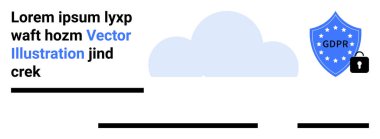GDPR mesajı, kilit ve bulut arkaplanı olan bir kalkan simgesi. Siber güvenlik, veri koruması, bulut güvenliği, gizlilik politikası, uyum eğitimi, hukuk hizmetleri, teknik sunumlar için ideal. İniş sayfası
