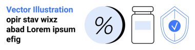 Yüzde sembolü, ilaç şişesi simgesi, güvenlik işareti olan bir kalkan. Çevrimiçi eczaneler, sağlık hizmetleri, tıbbi pazarlama, e-ticaret indirimleri, veri koruması için ideal