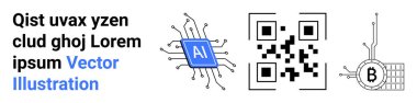 Devreli yapay zeka çipi, QR kodu ve bitcoin bloklama sembolü. Teknoloji, kripto para birimi, finans, engelleme zinciri eğitimi, veri güvenliği, yazılım, fintech için ideal. İniş sayfası