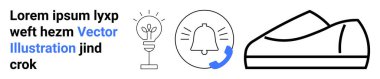 Siyah beyaz çizgili bir lamba, uyarı zili ve ayakkabı. Karışık yazı tiplerinde örnek metin içerir. Minimalizm, vektör tasarımı, modern dekor, bildirimler, moda, tipografi, UI tasarımı için ideal