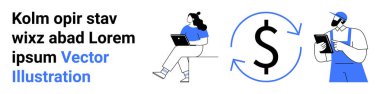 Kadın ve erkek dizüstü bilgisayar kullanıyor, oklu büyük dolar işareti, metin tutucu. Takım çalışması, finans, uzaktan çalışma, teknoloji, iletişim, iş ve dijital pazarlama temaları için ideal. İniş sayfası